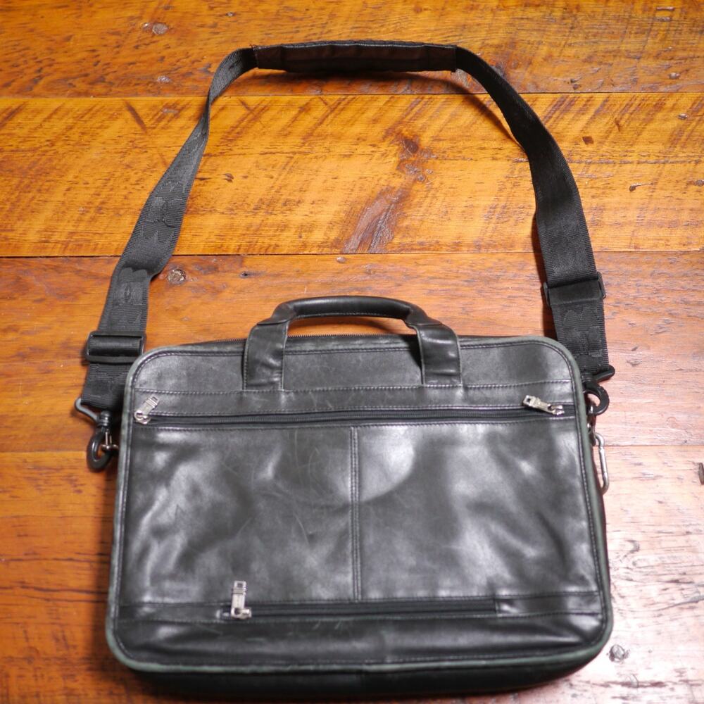 TUMI Black Leather Soft Padded Laptop Bag Travel Briefcase + Shoulder Strap